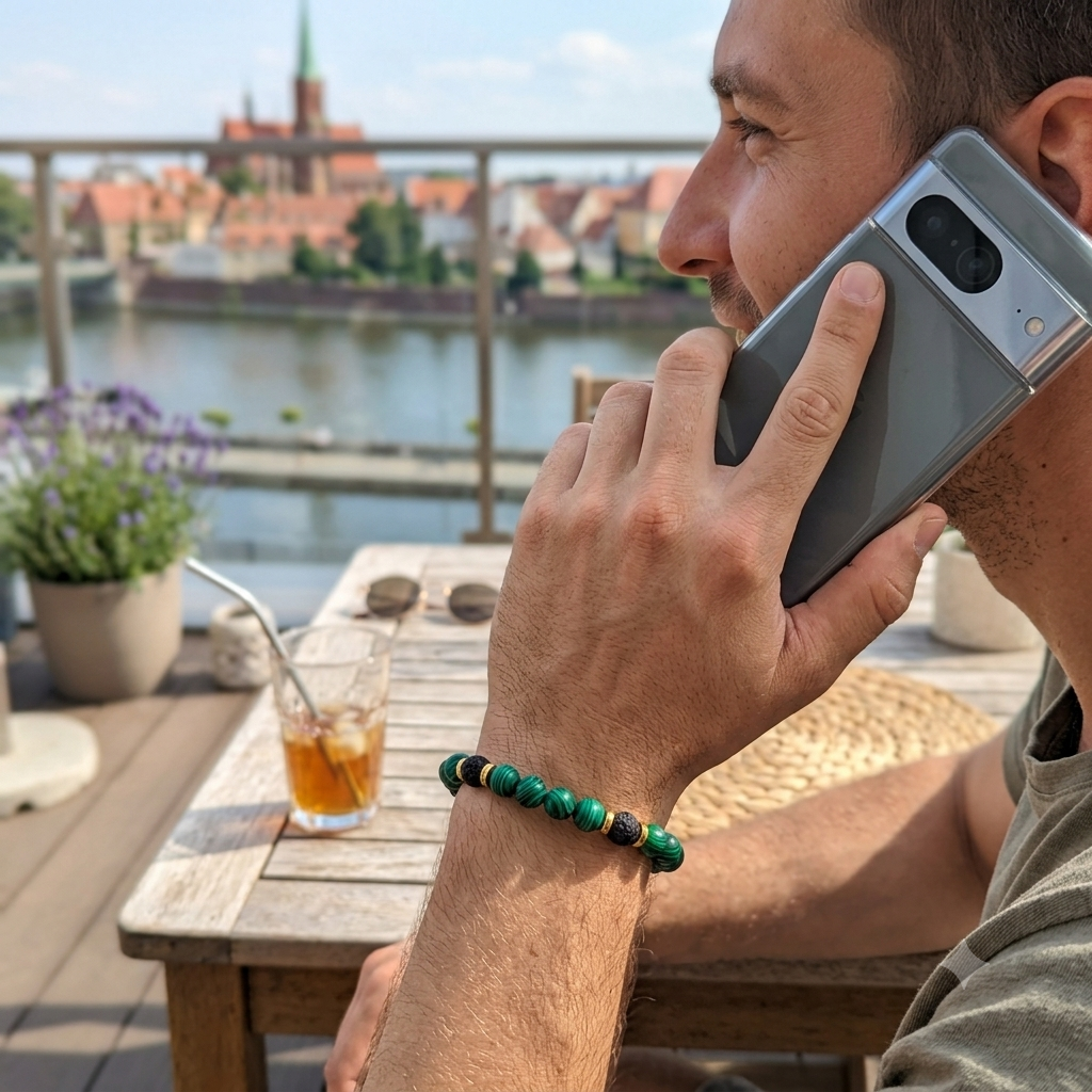 Bransoletka zielona z naturalnego malachitu męska z koralików - obrazek 2